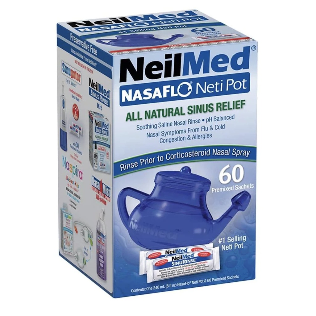 NeilMed NasaFlo Unbreakable Neti Pot con 60 Paquetes Premixed