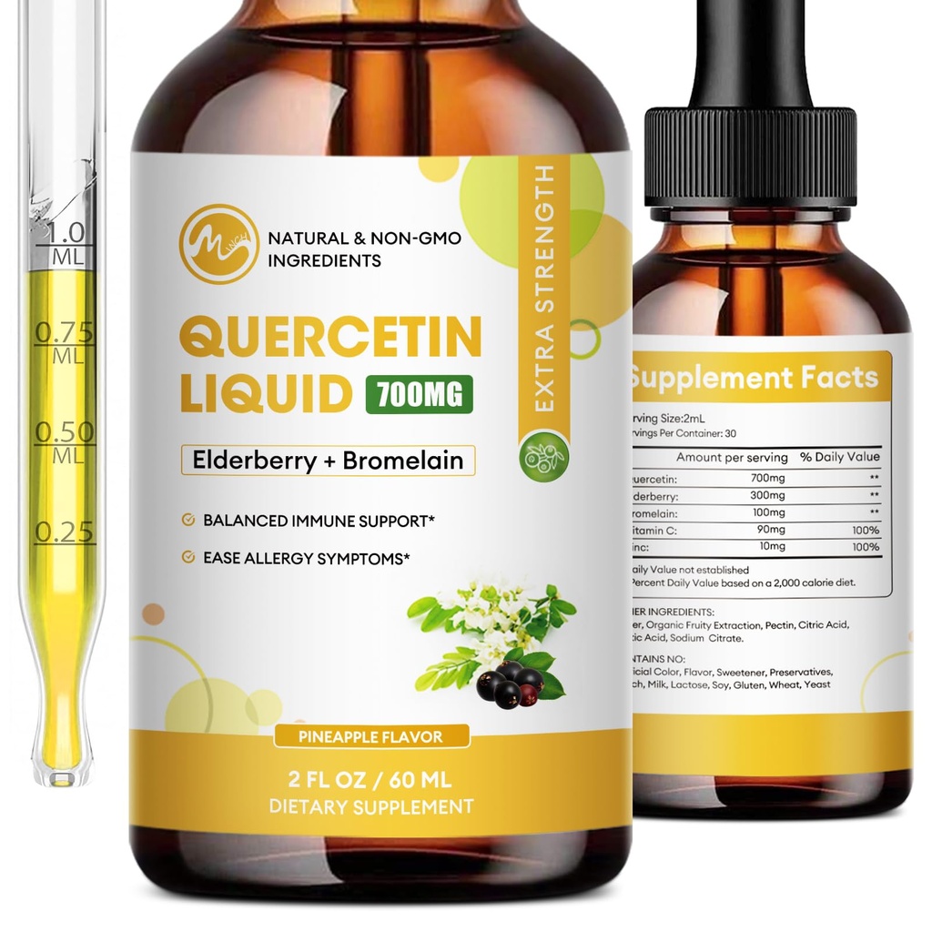 Quercetina gotas líquidas - Quercetina Suplementos 700mg - 4X más fuerte que las píldoras " cápsulas - 5 en 1 Quercetina con bromelaina Vitamina de Elderberry para la inmunidad Salud Respiratorio Salud Cuidado de la piel- 2 Fl Oz