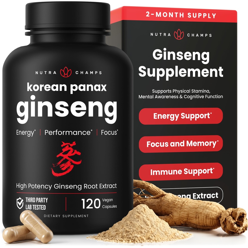 NutraChamps Korean Red Panax Ginseng Capsules ← Extra Strength Ginsenosides for Energy, Focus, Performance, Vitality & Immune Support ¦ Korean Ginseng Root Extract (120, Red)