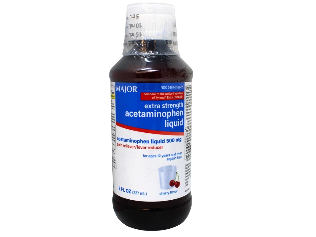 MAJOR Adulto Extra Strength Liquid Acetaminophen - 500 mg Acetaminophen/15 mL Dose - Dolor de dolor y reducción de fiebre - Cherry Flavor - 8 Fl Oz (Packaging May Vary)