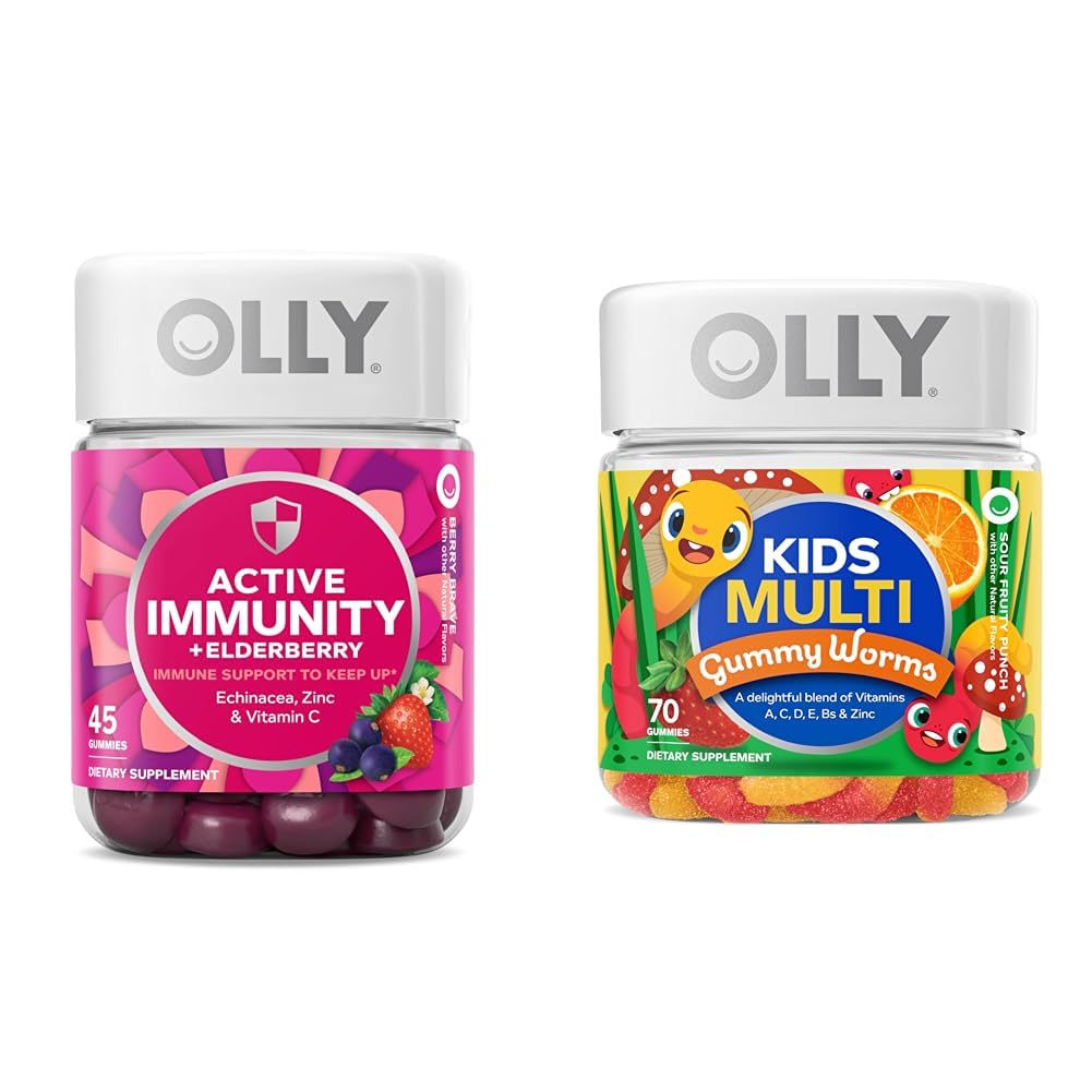 OLLY Gummy Active Immunity+Elderberry 45 Gummies &amp; Kids Multivitamin Gummy Worms 70 Count