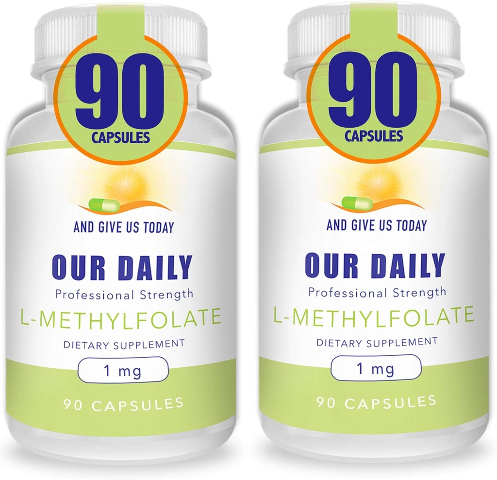 Nuestros Vites diarios L-Methylfolate 1mg / 1000 mcg Máximo Strength Active Folate, 5-MTHF, Filler Free, Gluten Free, Non-GMO, Vegetarian Capsules 90 Conde (Pack of 2)