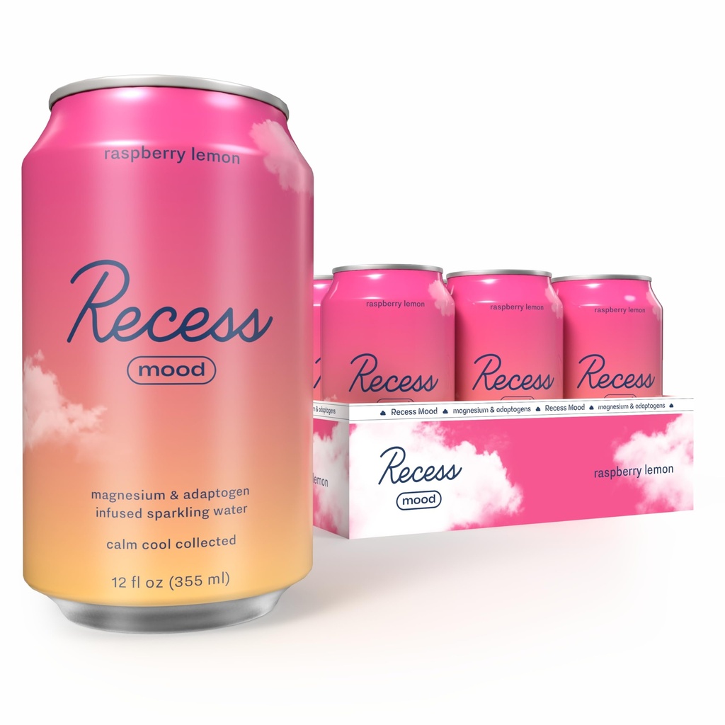 Recess Mood Magnesium &amp; Adaptogen Bebida, Calming Relax Beverage, 12 onzas (Raspberry Lemon, 12 pack)