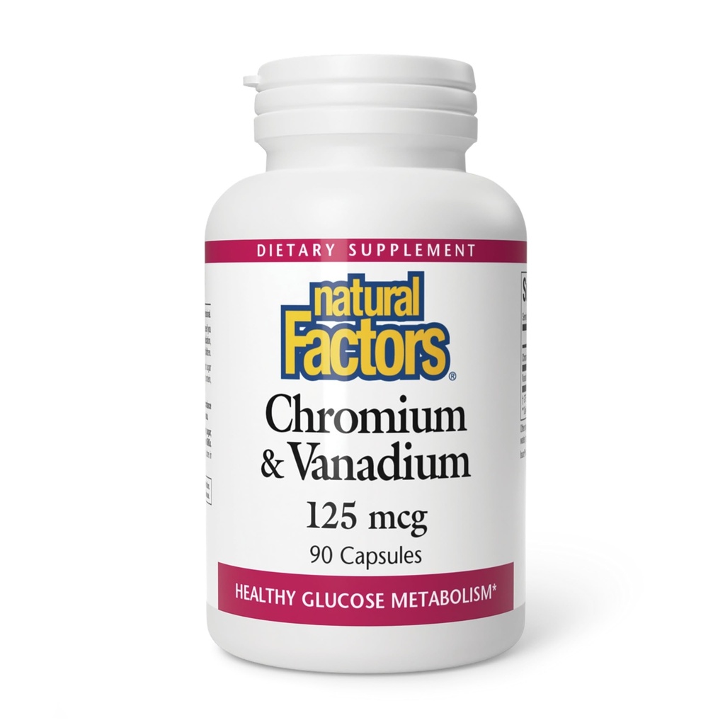 Factores naturales, cromo &amp; Vanadium 125 mcg, apoya el metabolismo saludable, 90 cápsulas