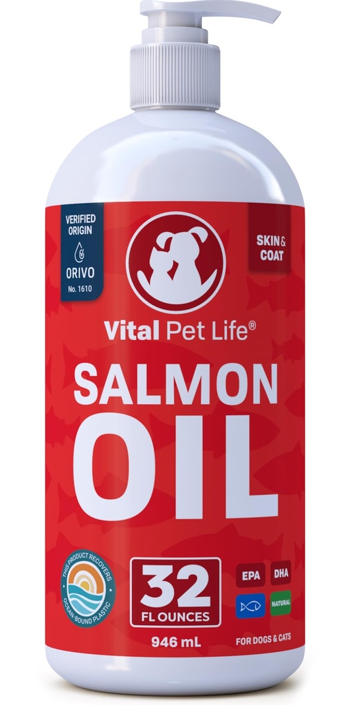 Aceite de salmón para perros &amp; gatos - Esquí saludable " Cuna, aceite de pescado, Omega 3 EPA DHA, suplemento alimenticio líquido para mascotas, todo natural, soporta salud conjunta " bonificación, alergia natural " Defensa de la inflamación, 32 oz