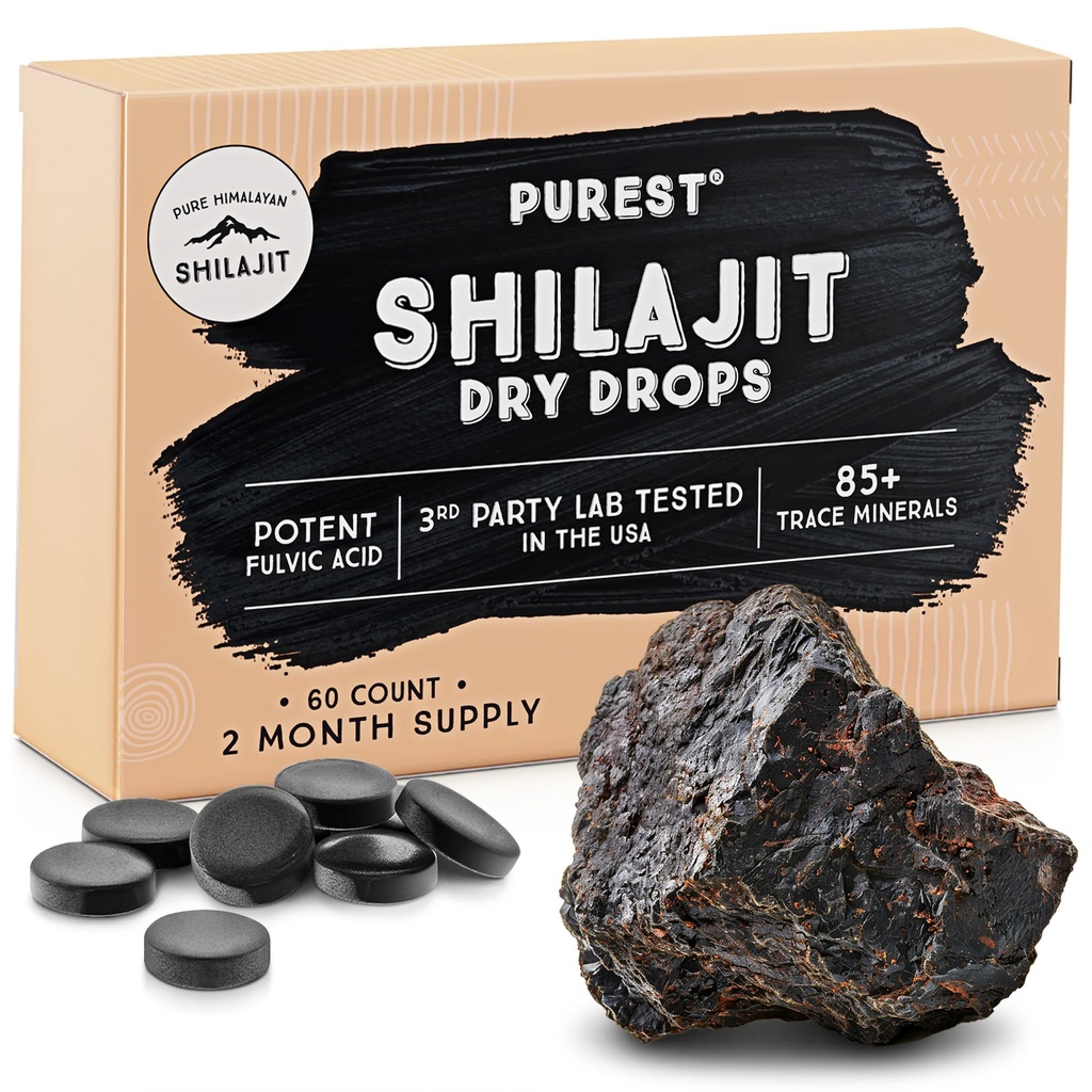 Pure Himalayan Shilajit Dry Drops, 100% Puro Natural Shilajit, Grado A, Max Potency 85+ Clean Trace Minerals & Fulvic Acid for Energy, Metabolism & Immune Support Suplemento para Hombres &amp; Mujeres (60 fichas)