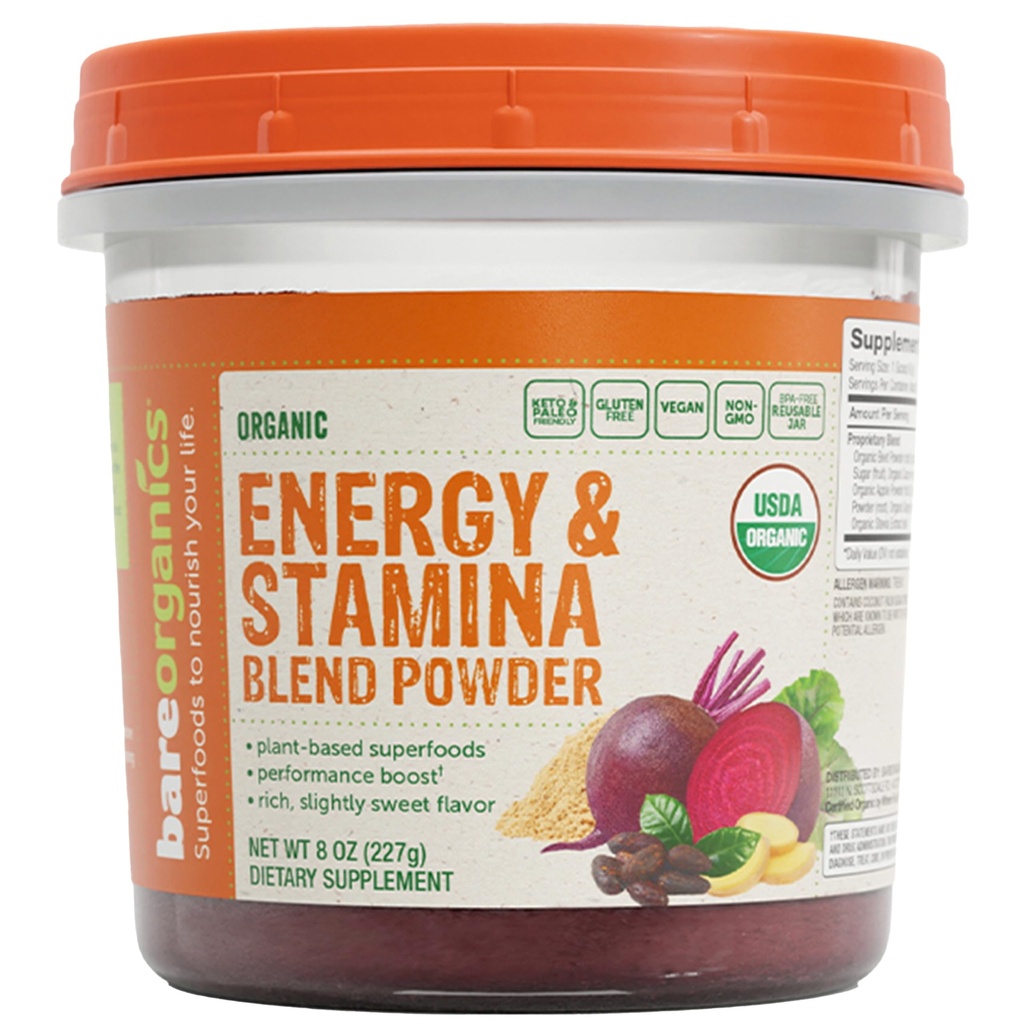 BareOrganics Energy &amp; Stamina Blend Powder, Ecológico Superfood, Vegan Suplemento dietético, 8 onzas