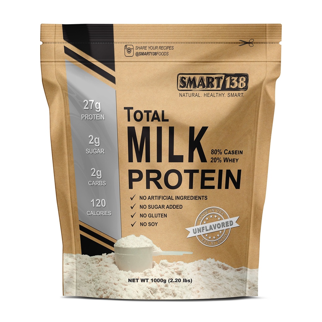 Smart138 Proteína de leche total - 80% Casein 20% Whey - RBST/rBGH Hormona libre, libre de gluten, libre de soja, no GMO, EE.UU., Keto Low Carb, BCAAs naturales (1000g / 2.2lbs, sin sabor)