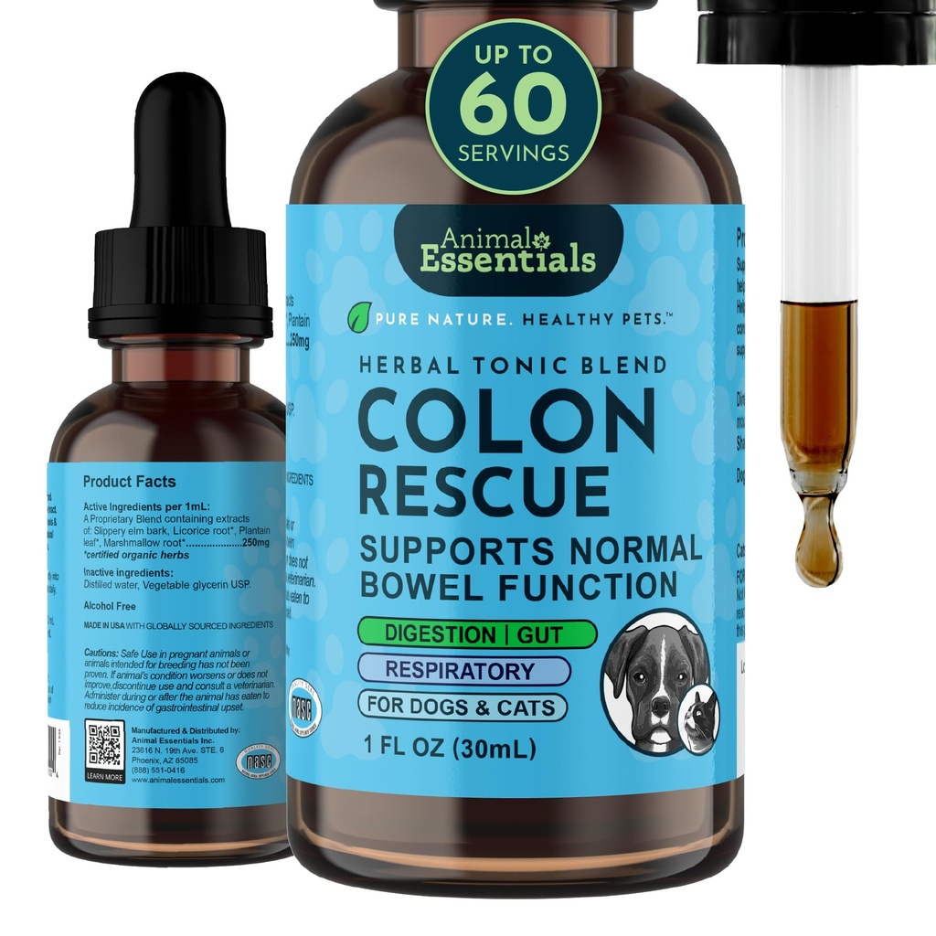 Animal Essentials Colon Rescate para perros &amp; gatos - Constipation Relief, Stool Softener con Slippery Elm, Marshmallow Root, Licorice Root - 1 Fl Oz