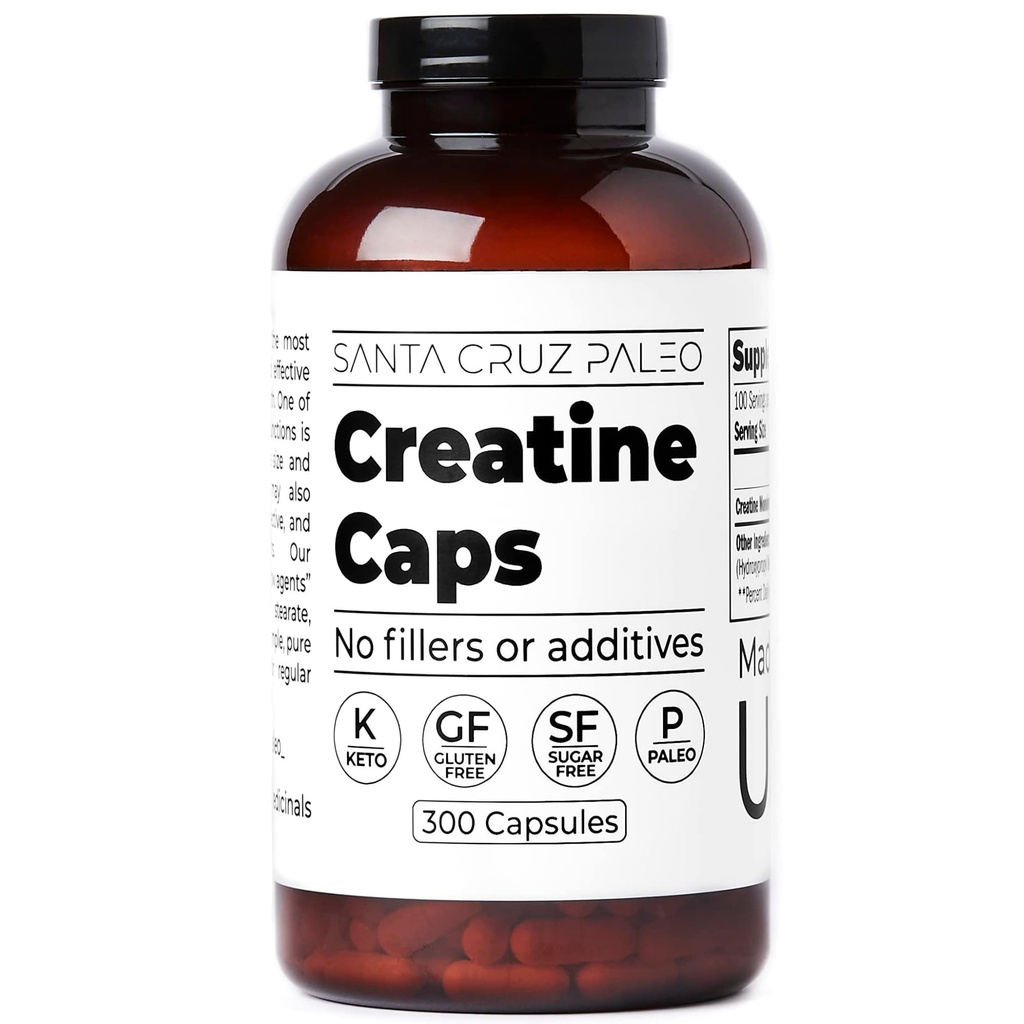Santa Cruz Paleo Cápsulas de Creatina, apoya el crecimiento muscular " Energía, Gluten Gratis, Keto, Sugar Gratis, Paleo, No Fillers o Aditivos, Cúpulas de Monohidratos Creatina, 2500mg, 100 Servimientos, 300 Cápsulas