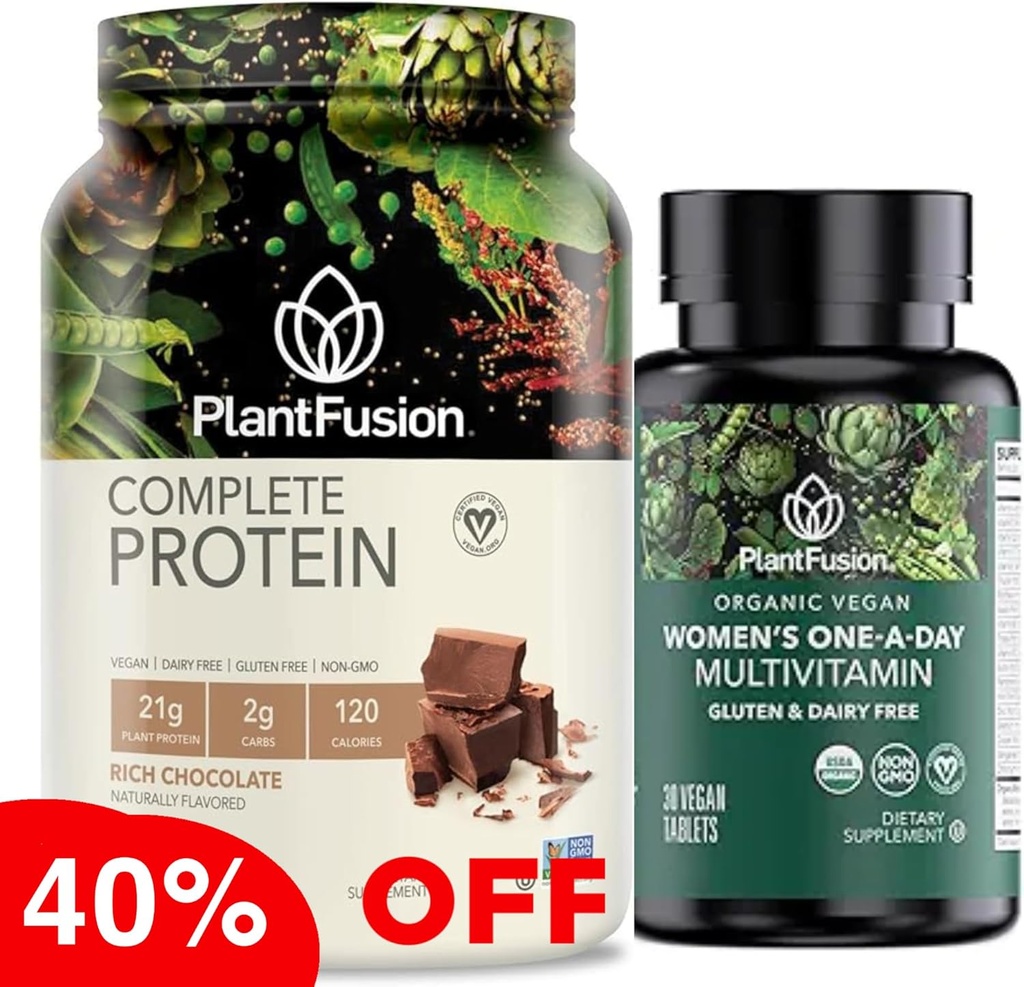 PlantFusion Protein Powder &amp; Organic Women’s Multivitamin Bundle – 21g Proteína de base vegetal con BCAAs, Ingredientes Limpios, " Delicious Flavor Plus 19 Vitaminas Esenciales para la Energía, Inmunity " Heart Hea