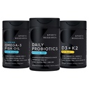 Sports Research Wild Alaskan Pollock Omega 3 Fish Oil 90 Softgels (1250 mg) + Vegan Probiotics with Prebiotics, 60 Billion CFU (30 Softgels) + 5000 IU Vitamina D + 100mcg Mk7 Vitamin K (60 Softgels)
