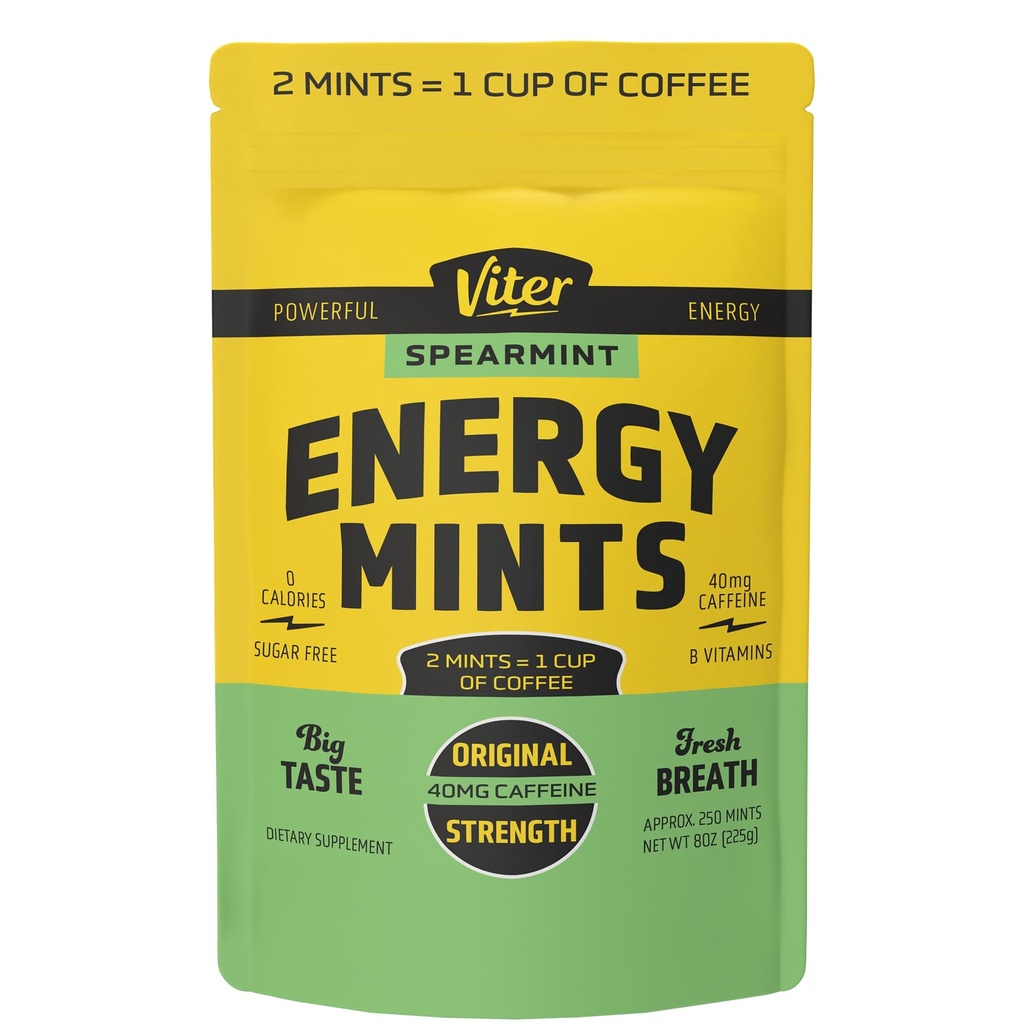 Viter Energy 40mg Caffeine Mints - Sugar Gratis, B Vitaminas, Vegan, Boost Fast Energized Alert Focus, Caffeinated Nootropic Supplement Pills (Spearmint Flavor, 8oz, Bulk Bag)