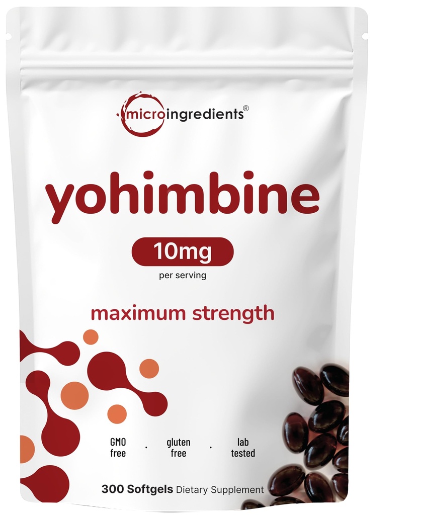 Suplementos de Yohimbina de doble fuerza para hombres y mujeres, 10 mg por ser, 300 Softgels, Yohimbine HCL con aceite de semilla de girasol virgen para una mejor absorción, apoya la producción de energía, África Raw