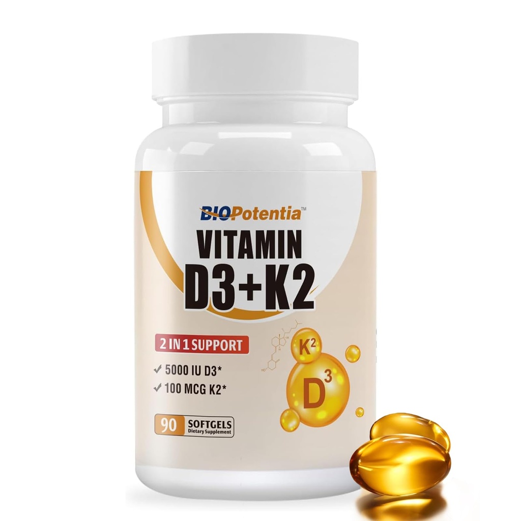 Vitamina D3 K2 (MK7) Suplemento de Softgel, Vitamina D3 5000 UI & K2 100MCG con suplemento de aceite MCT, Apoyo Inmunitario, Salud de los Huesos, Libre de Gluten, No-GMO viven90 Softgels