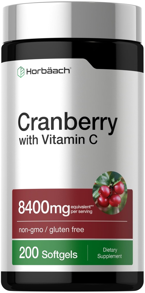 Horbäach Cranberry Pills for Women and Men TEN 8400mg TEN 200 Softgels TENIDO Suplemento Extract con Vitamin C TENIDO Non-GMO, Gluten Free