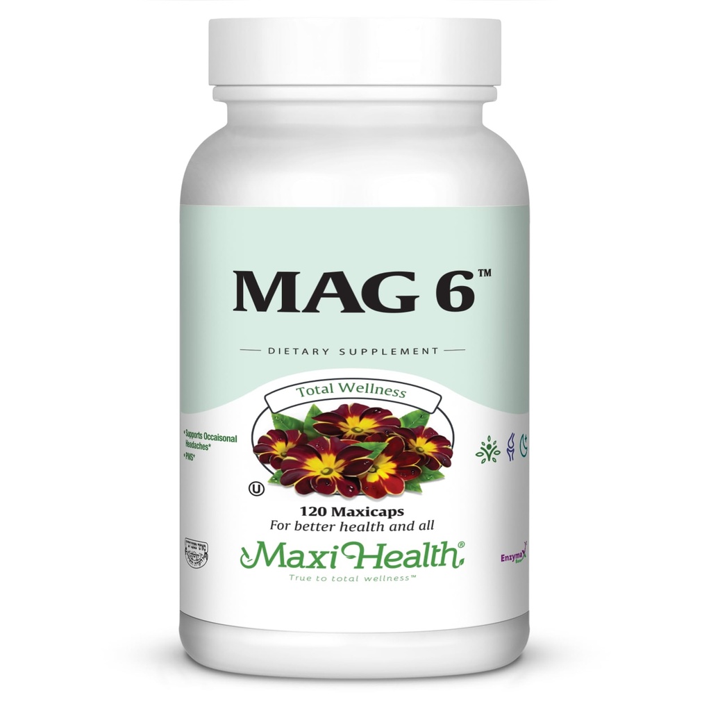 Maxi Health MAG 6 - Magnesium (como Oxide, Glycinate) with Vitamin B6 - Migraine, Muscle Cramps, Kidney Stone Support - Magnesium Supplement for Women &amp; Men - 120 Capsules - Kosher