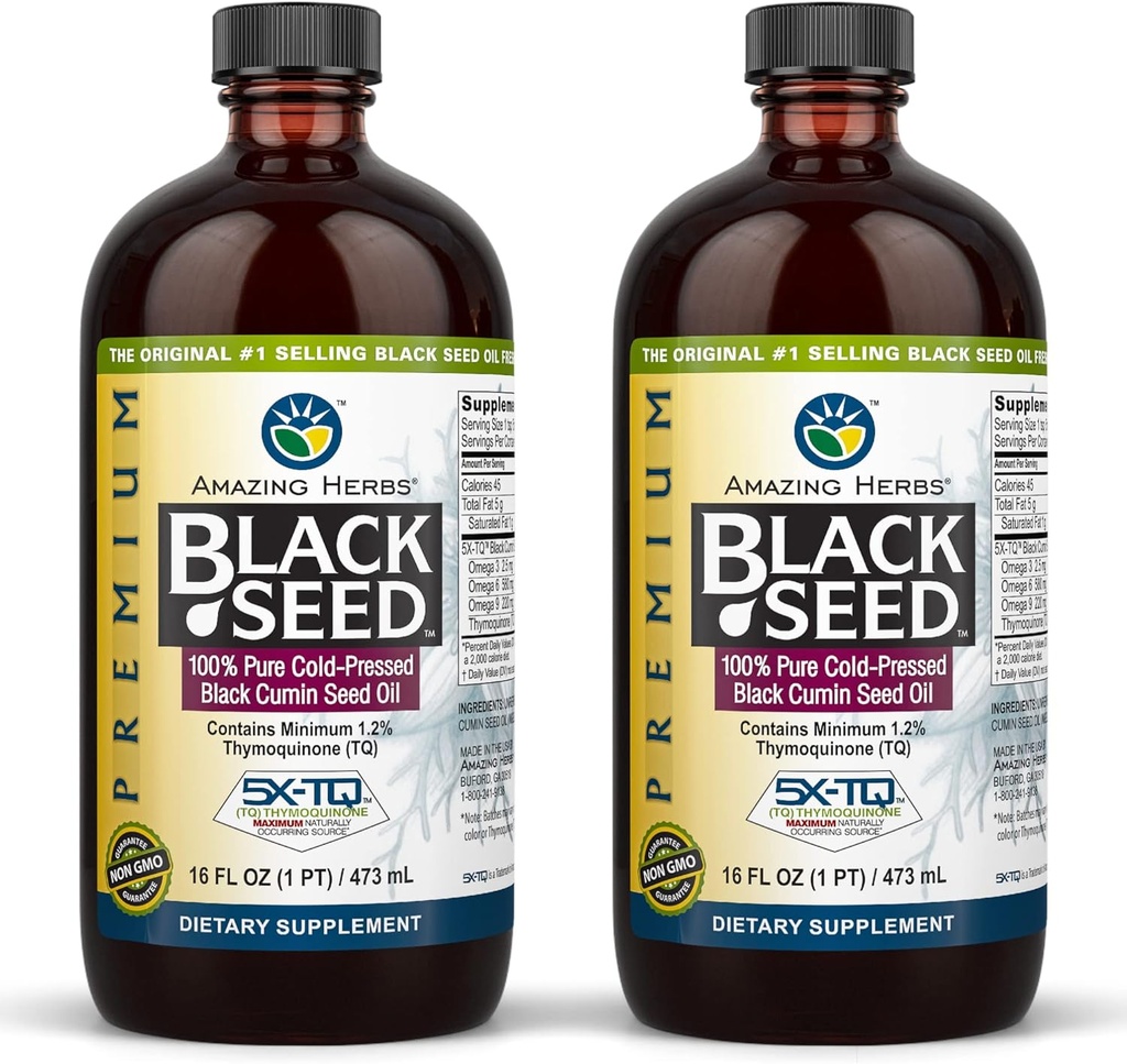 Increíbles hierbas Premium aceite de semilla negra - Gluten libre, no GMO, Cold Presionado Nigella Sativa Ayudas en Salud Digestiva, Apoyo Inmune, Función cerebral, Movilidad Conjunta - 16 Fl Oz (Pack de 2)
