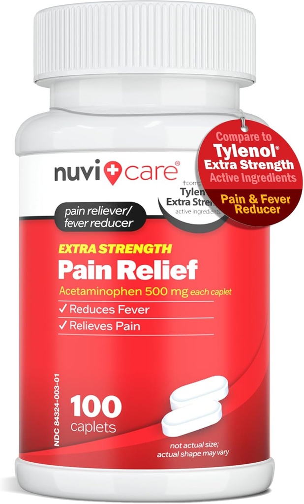 Acetaminophen 500mg Extra Strength Pain Relief - Comparación con Tylenul Extra Strength Pain Reliever " Fever Reducer - 500mg Tablets for Adults for Headaches (100 Caplets)