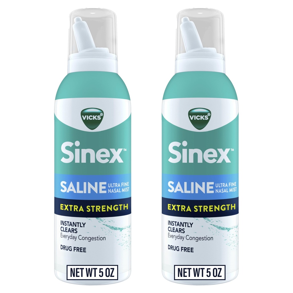 VICKS Sinex Saline Extra Strength Nasal Spray, 3X Concentrated* Drug Free Ultra Fine Mist, Instantly Clears Mucus, Ultra concentrado a Clear Congestion Fast, Safe For Daily Use, 5 OZ x 2