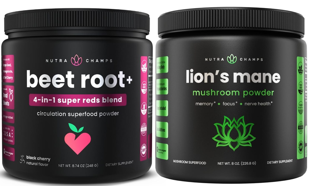 NutraChamps Beet Root Powder y Lion's Mane Powder. Circulación potente &amp; Blends Adaptógeno