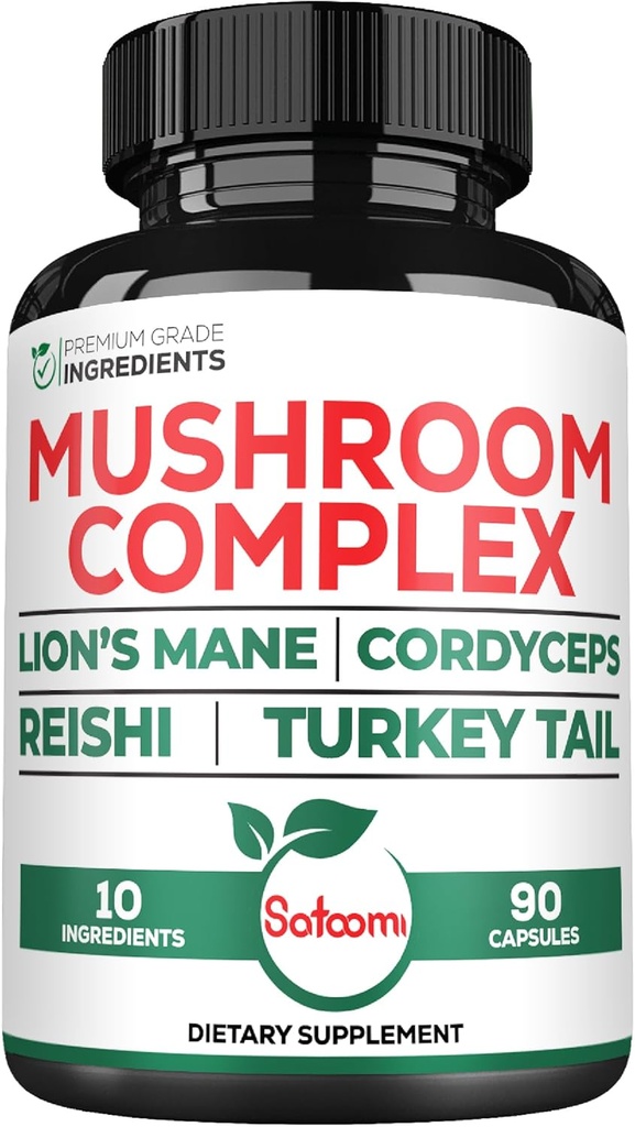 Satoomi 10in1 Lions Mane Supplement Complex - Blended with Cordyceps Sinensis, Reishi Mushroom, Turquía Tail Mushroom & Otros - 90 Cuenta para 3 meses