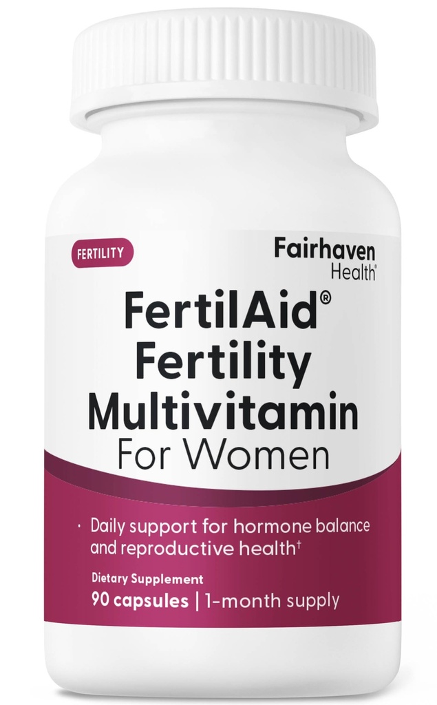 Fairhaven Health FertilAid for Women ← Vitamina Prenatal Suplementos de Fertilidad para Mujeres TENIDO Concepción para Ella con Vitex y Folate TENIDO Apoyo Ciclo Regularidad y Ovulación* Ø 90 cápsulas