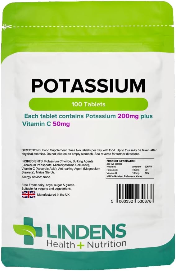 Potasio, 100 Tabletas, 200 mg, Presión sanguínea, calambre
