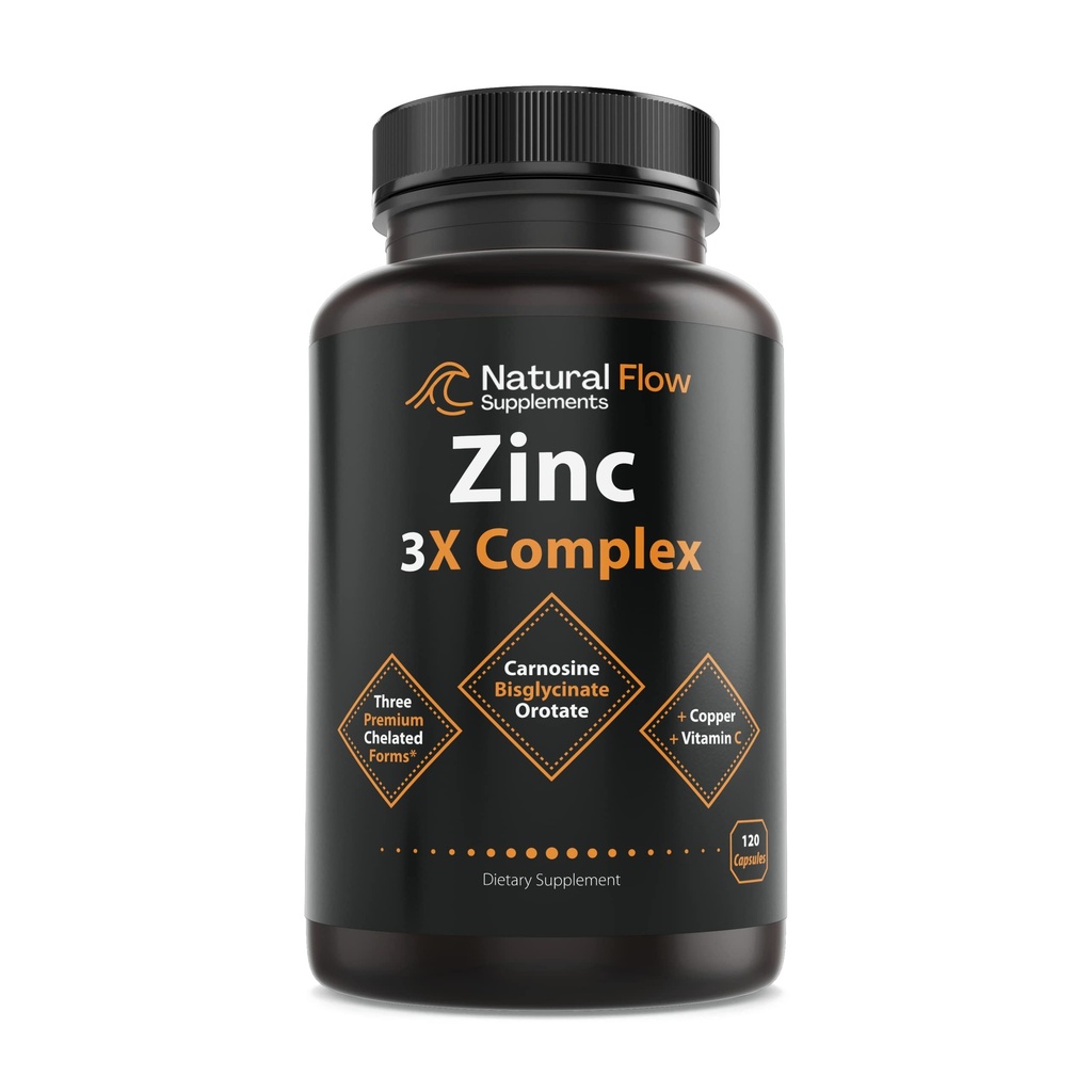 Complejo de suplemento de zinc con cobre y vitamina C - Flujo natural 3X Zinc Carnosina, Chelato Bisglycinate y Orotate, Cobre Chelated, Fácil en el estómago, Skin y Soporte Inmunitario, 120 cápsulas