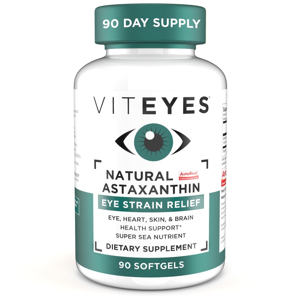 Viteyes Natural Astaxanthin, Relieve Tired Eyes & Eye Strain, proveniente de Alga, Hidratación de la piel, Corazón &amp; Cerebro Salud, 4 a 8 mg Natural Astaxanthin, 90 Softgels