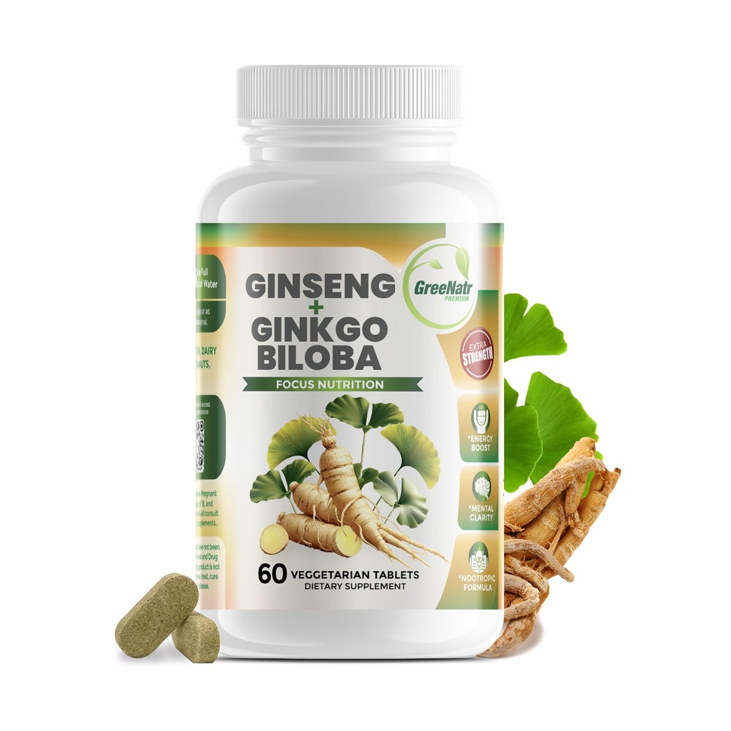 GreeNatr Ginko Biloba &amp; Panax Ginseng Supplement - Red Ginseng Brain Supplement for Memory and Focus - Ginkgo Biloba Supplements for Good Vision, Immune System and Improved Blood Flow - 60 Tablets