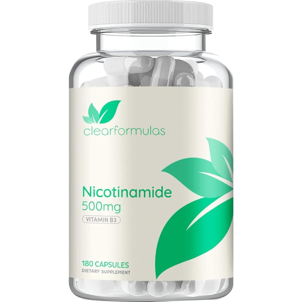Vitamina B3 Nicotinamide 500mg - Formulario de absorción alta de vitamina B3 Flush de niacina libre para el cerebro de la piel auditiva y el apoyo energético - Precursor NAD - Hecho en una instalación americana cGMP (180 servidos)