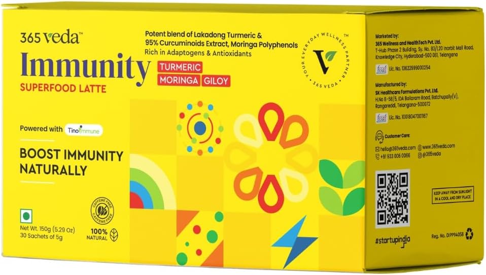 Immunity Boost Latte con Moringa & Giloy, Turmeric, 100% Natural Ingredientes, mayo mejora la digestión, Gluten Free On-The-Go Sachets (30 conteo)