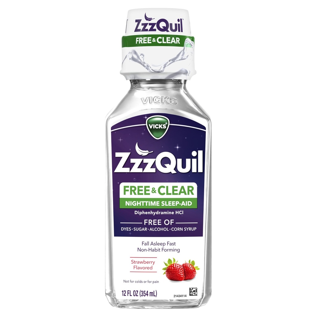 ZzzQuil, Nighttime Sleep Aid Liquid, LIBERTAD DE Alcohol &amp; Artificial Dyes, 50 mg Diphenhydramine HCl, No.1 Sleep Aid Brand, Fall Asleep Fast, Non-Habit Forming, Soothing Berry Flavor, 12 FL OZ