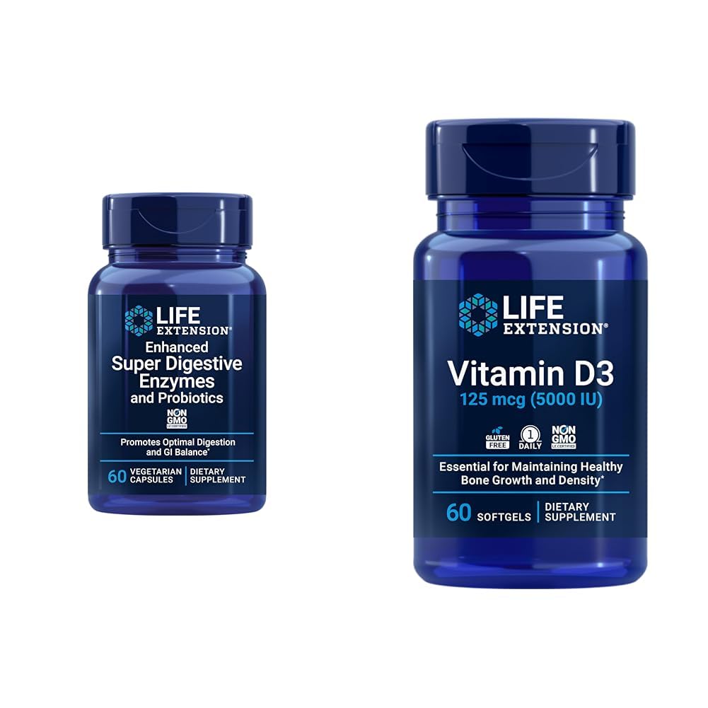 Ampliación de vida 60-Count Super Digestive Enzymes & 5000 UI Vitamina D3 cápsulas para la digestión, hueso, cerebro, salud inmune