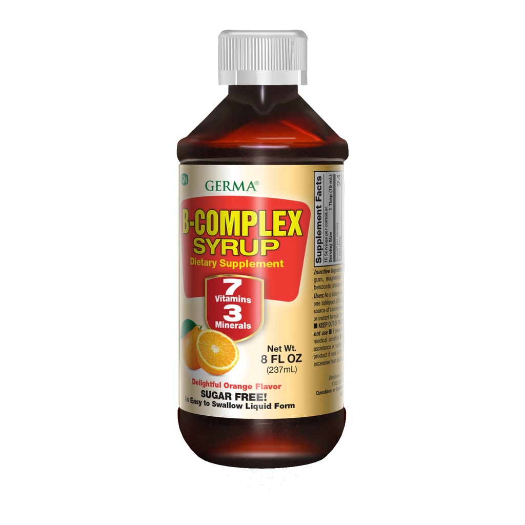 Germa B-Complex Syrup. Suplemento dietético. Bone Health, Growth and Development Aid. Sugar Free. Orange Flavor. 8 oz