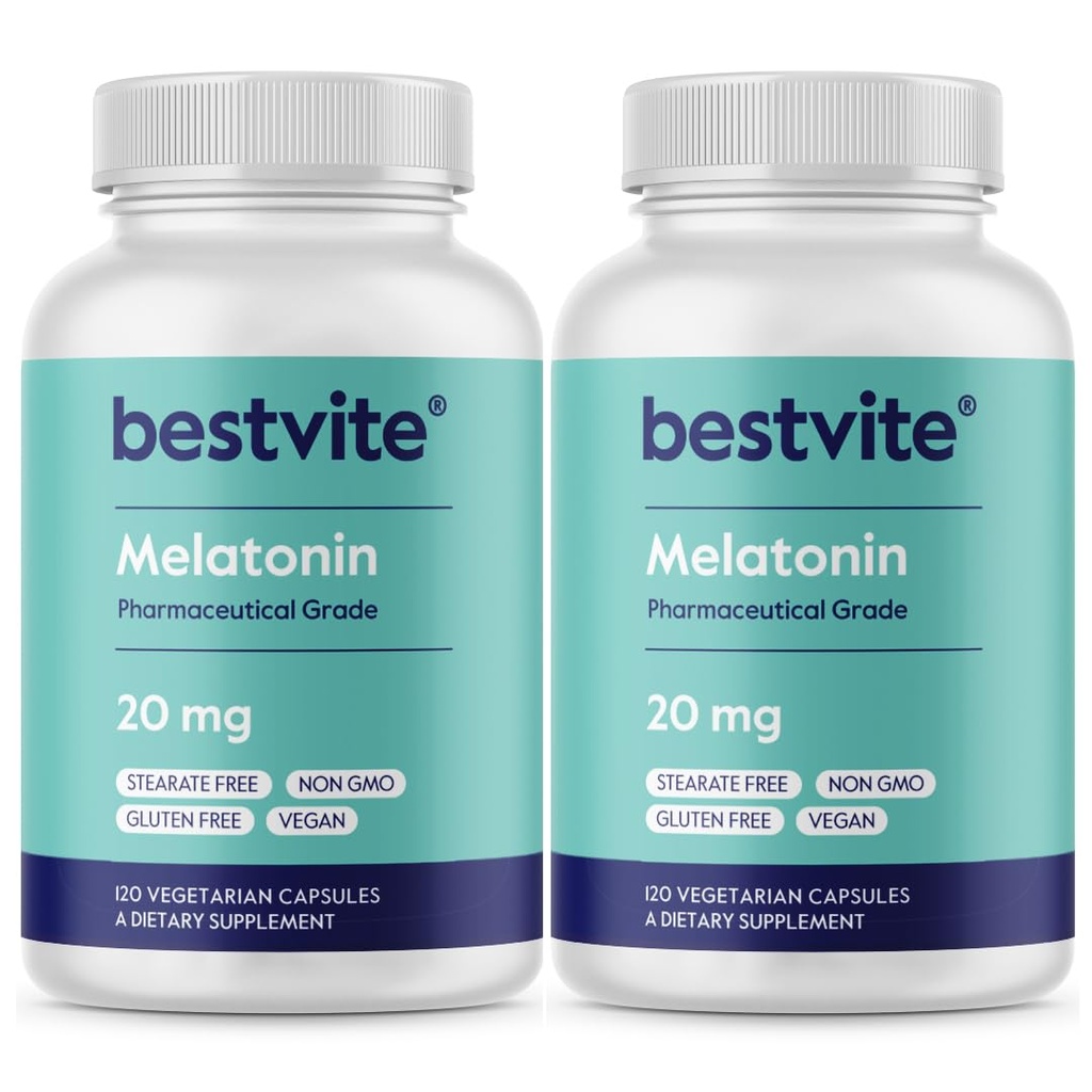 BESTVITE Melatonin 20mg (240 cápsulas vegetarianas) (120 x 2) - No Stearates - Vegan - No GMO - Gluten Gratis