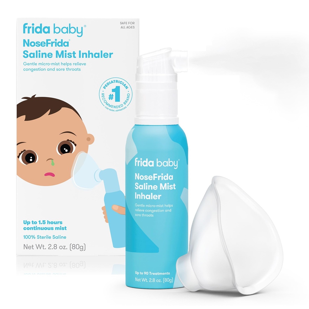 Frida Baby NoseFrida Saline Mist Nasal Inhaler, Decongestant Spray for Congestion " Alivio de la alergia para bebés + niños, Nasal Saline Spray, Soothes Stuffy Nose " Sore Throat, Incluye Mask