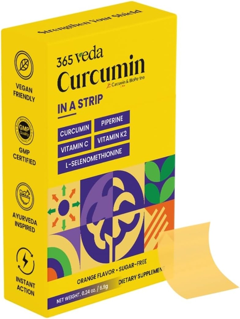 Turmeric Curcumin Strips from Turmeric Root Extract, Piperine, Vitamina C, Vitamina K2, Non GMO, Sugar Free, May Support Liver - 30 Oral Strips (Orange)