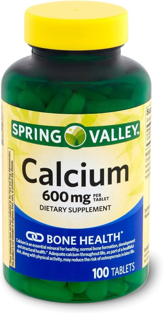 Calcio de Valle de Primavera 600 mg, Tablas Suplemento dietético, Salud de Hueso, 100 Cuenta +