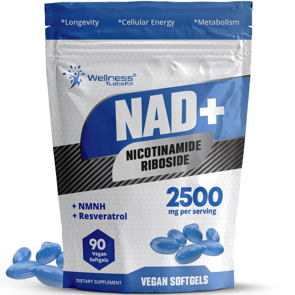 WELLNESS LABSRX Liposomal NAD+ Suplemento - Terceros testados NAD Softgels Nicotinamide Riboside Resveratrol - 2500mg Liposomal NAD Suplementos para Mujeres - Longevity Support - Made in USA