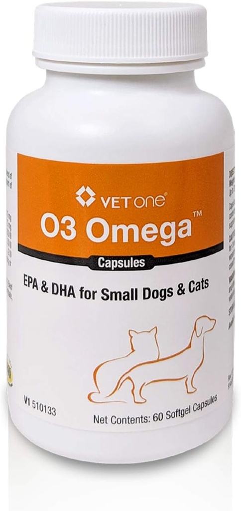 VetOne O3 Omega Soft Gel para gatos &amp; perros pequeños - esencial Fatty Acid Support - Skin & Coat Suplemento - 60 cápsulas