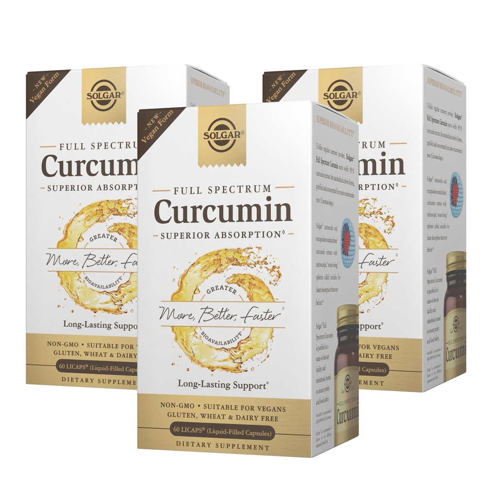 Curcumina de espectro completo Solgar - 60 LiCaps, Pack of 3 - Absorción superior - Cerebro, Salud conjunta e inmunitaria - No GMO, Vegan, Gluten Gratis, Dairy Free - 180 Total Servings