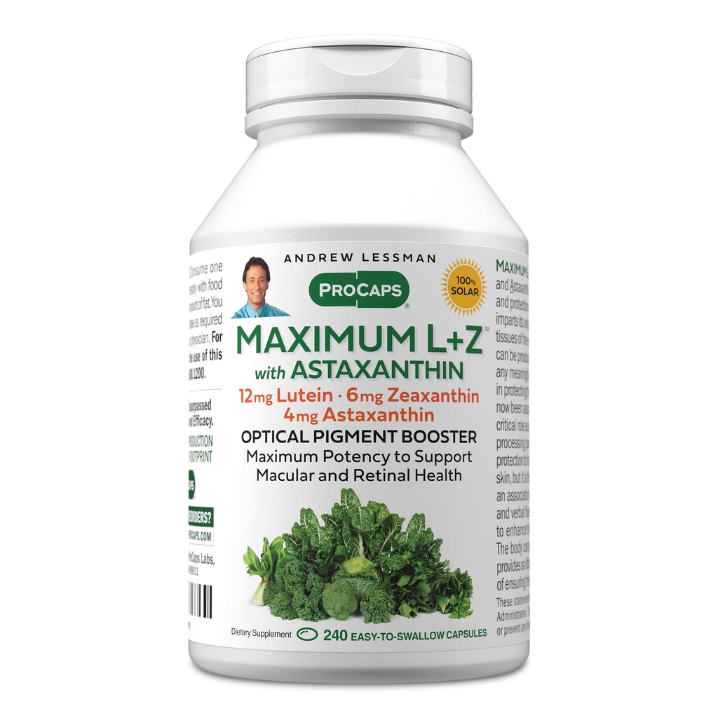 ANDREW LESSMAN Maximum L+Z with Astaxanthin 240 Softgels - 12mg Lutein, 6mg Zeaxanthin, 4mg Astaxanthin. Nutrientes clave para apoyar la salud ocular y cerebral, y promover una visión saludable.