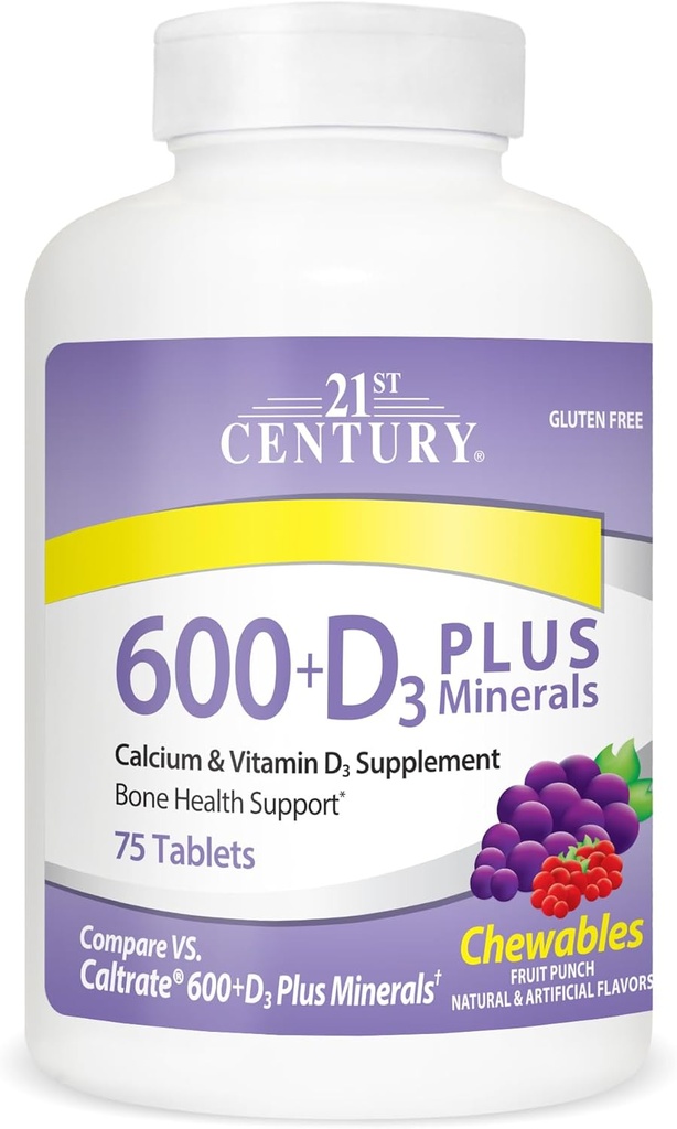 Calcio del siglo 21 600 mg +D Plus Minerales Tablas Chewable, 75 Cuenta