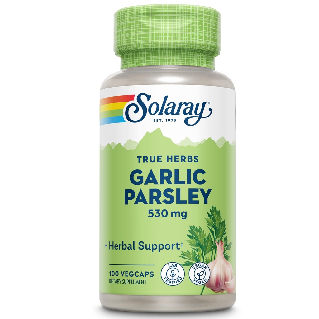 Bombilla de ajo SOLARAY &amp; Parsley Leaf 530mg ← Función sana del sistema cardiovascular e inmunológico Soporte ← No GMO, Vegan &amp; Lab Verified ← 100 VegCaps