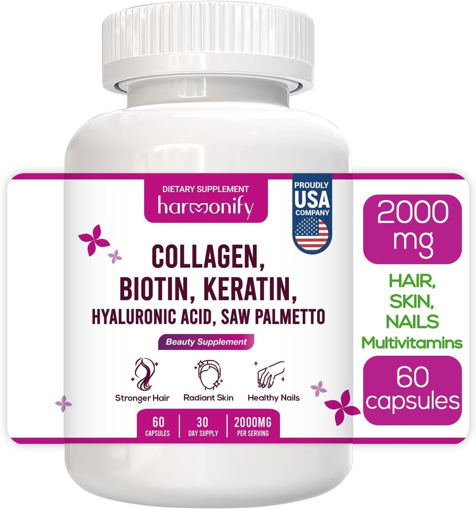 Collagen Biotin Keratin Hyaluronic Acid Complex Suplemento con vitamina E, ácido fólico, semilla de calabaza y MSM, 60 cápsulas, 1000 mg