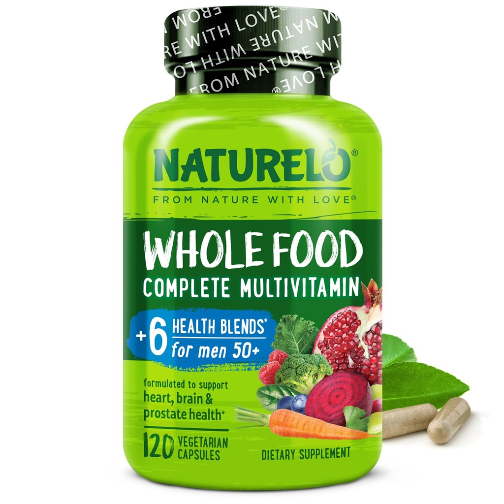 NATURELO Multivitamina Alimentaria Integral para Hombres 50+ - con Vitaminas, Minerales, Extractos Hídricos Orgánicos - Vegetariano Vegano - para Energía, Cerebro, Corazón y Ojo Salud - 120 cápsulas