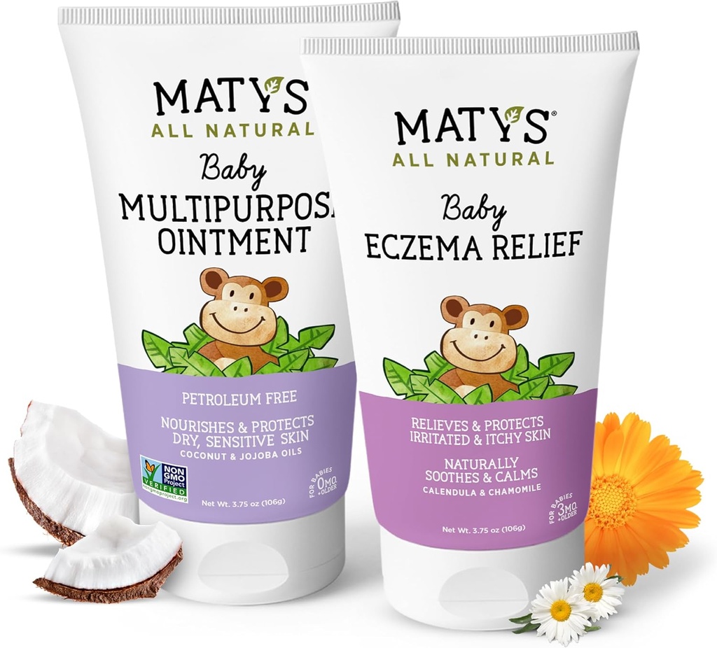 Matys Baby Eczema &amp; Multipropósito 2pk Combo para bebés 3 meses +, Soothe Eczema & Nourish Dry Skin, Esteroide/Petroleum libre, 3.75oz cada tubo