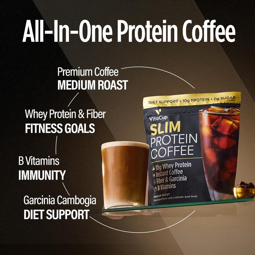 VitaCup Slim Protein Coffee Shake for Diet Support, Instant Coffee w/Whey Protein Powder, B Vitaminas &amp; Fiber, Dietitian Desarrollado para el rendimiento y el sabor, Hacer como helado de café o afeitado, 20 Servings